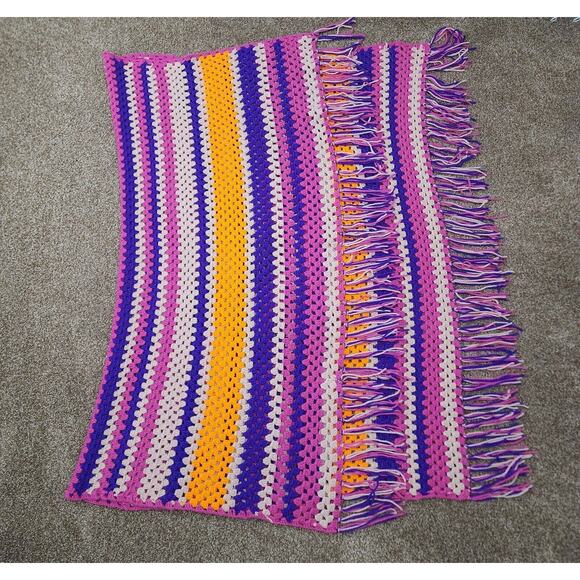 Vtg Crochet Afghan Blanket Throw Pink Stripe Twin Fringe 4 x 6 Blanket Sofa 70s - Picture 2 of 5